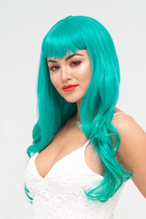 Long aqua green wig with gentle waves and vintage-style straight fringe: Natalie