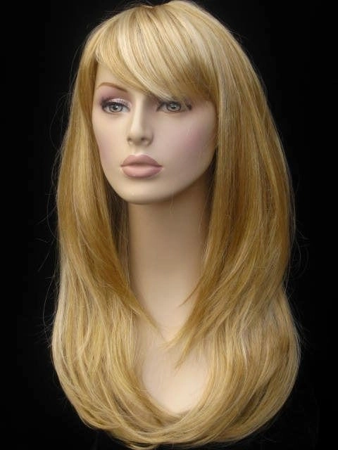 Long blonde wig, face framing with long, side-sweeping fringe: Ashley