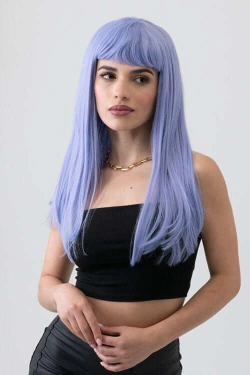 Long blue wig with short, straight fringe: Alyssa