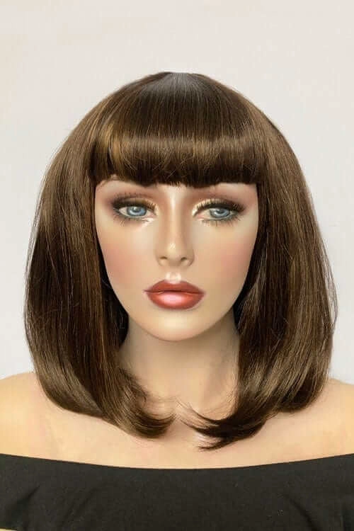 Long bob wig with a short fringe, brown with blonde highlights: Jill