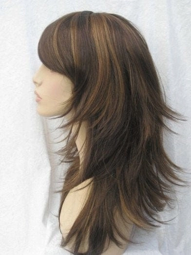 Long brown wig with blonde highlights, long, layered, tip flip: Elle