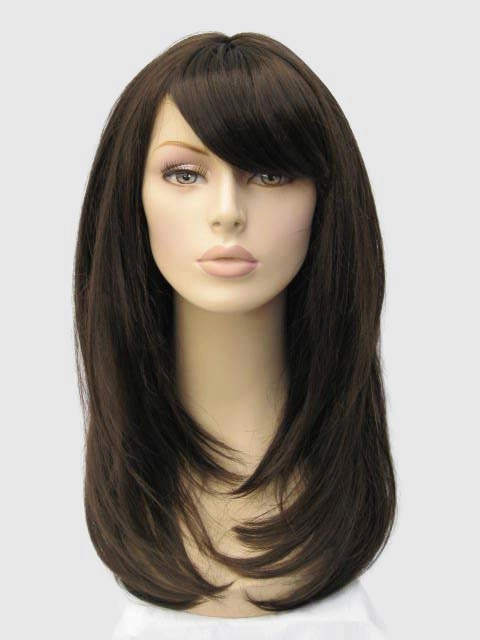 Long dark brown wig, layered face frame style: Lucy