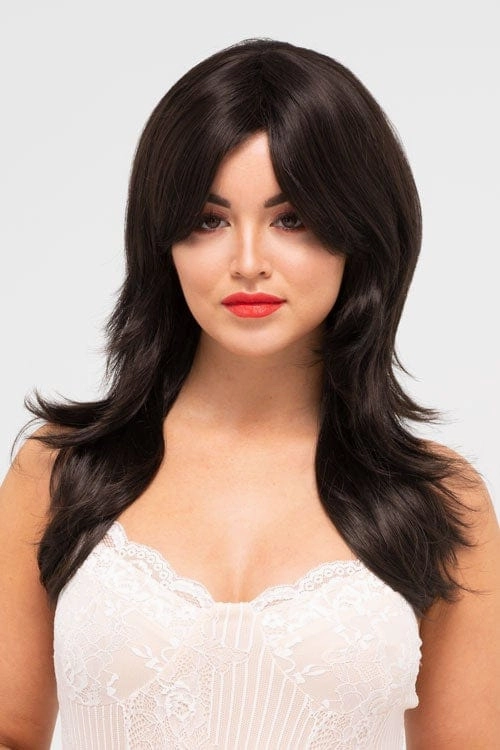 Long dark brown wig, layered, tip flip style: Jenny