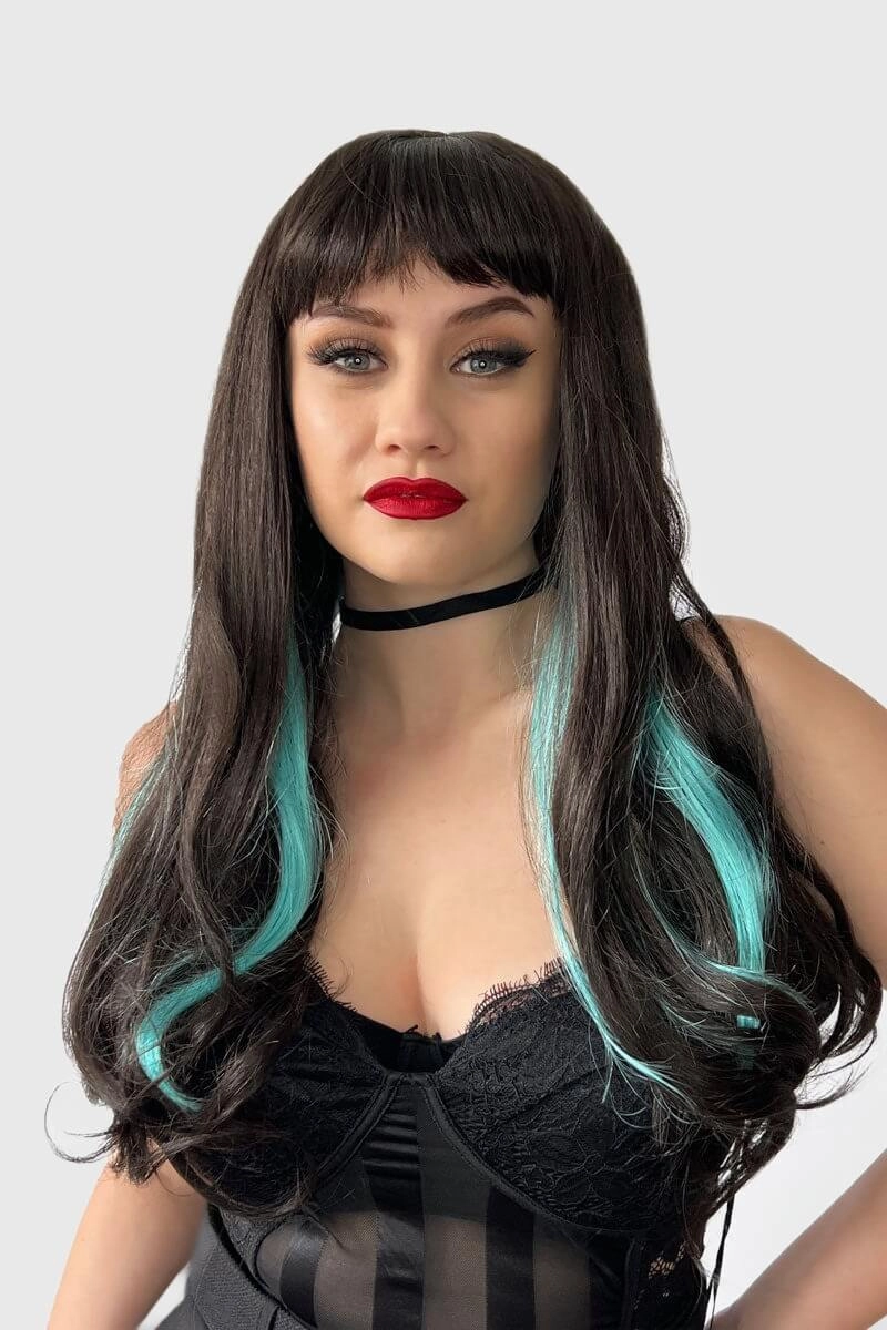 Long dark brown wig with blue streaks and a straight fringe: Cyane