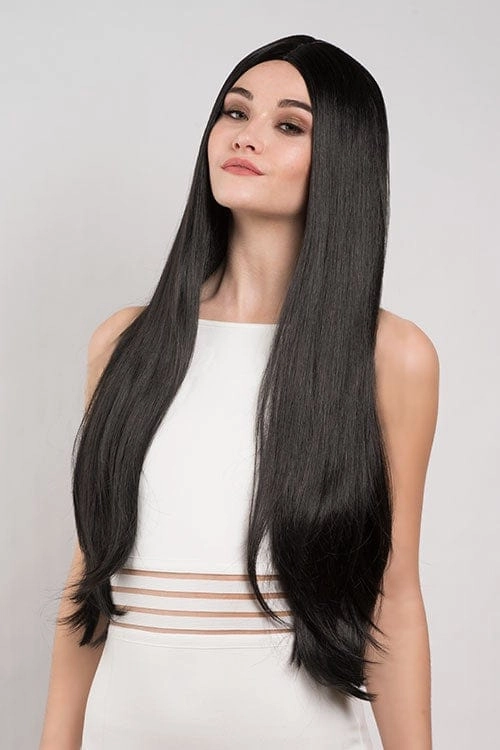 Long straight black wig with no fringe: Madeline