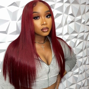 Long Straight Hair 99j Burgundy T Part Lace Front Wig Glueless Pre Plucked With Baby Hair 100% Virgin Human Hair Wig-Geeta Hair
