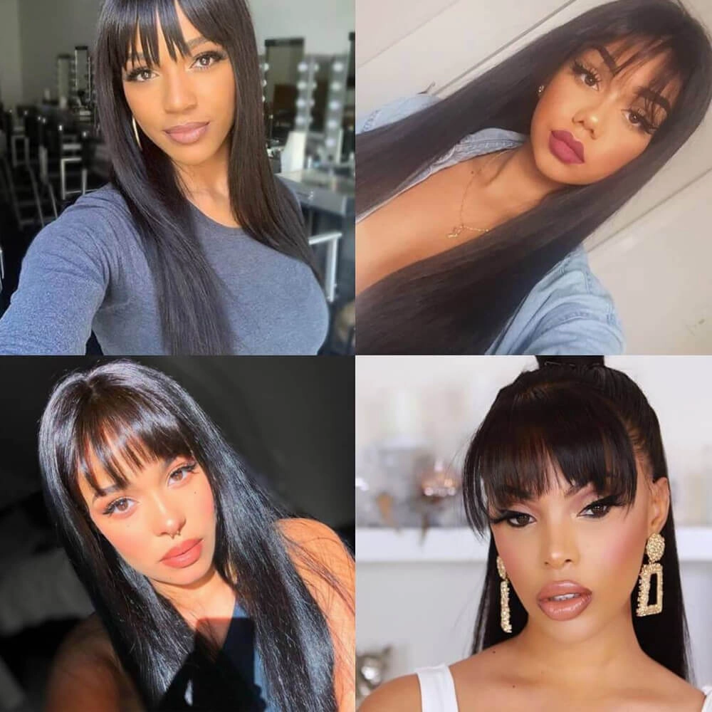 Long Straight Hair With Bangs Real Human Hair Wig Natural Black Hair Wig -Geeta Hair