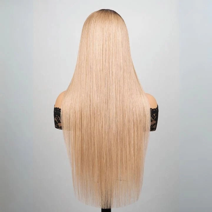 Luxury Designer Series Light Flaxen Brow with Dark Roots Wig Straight 13x4 Lace Front Gluleless Wigs