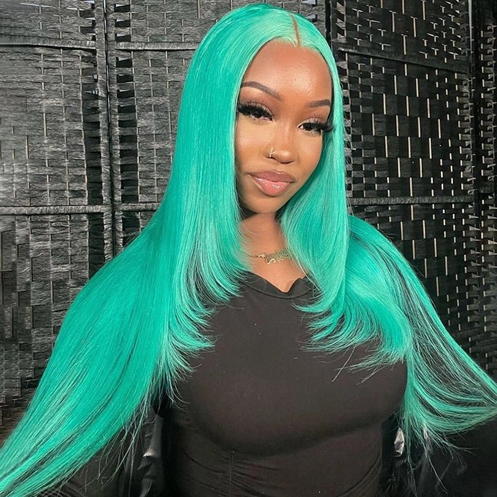 Mint Green Layered Straight Hair Glueless Lace Front Wig Lake Blue Butterfly Haircut Human Hair Wigs