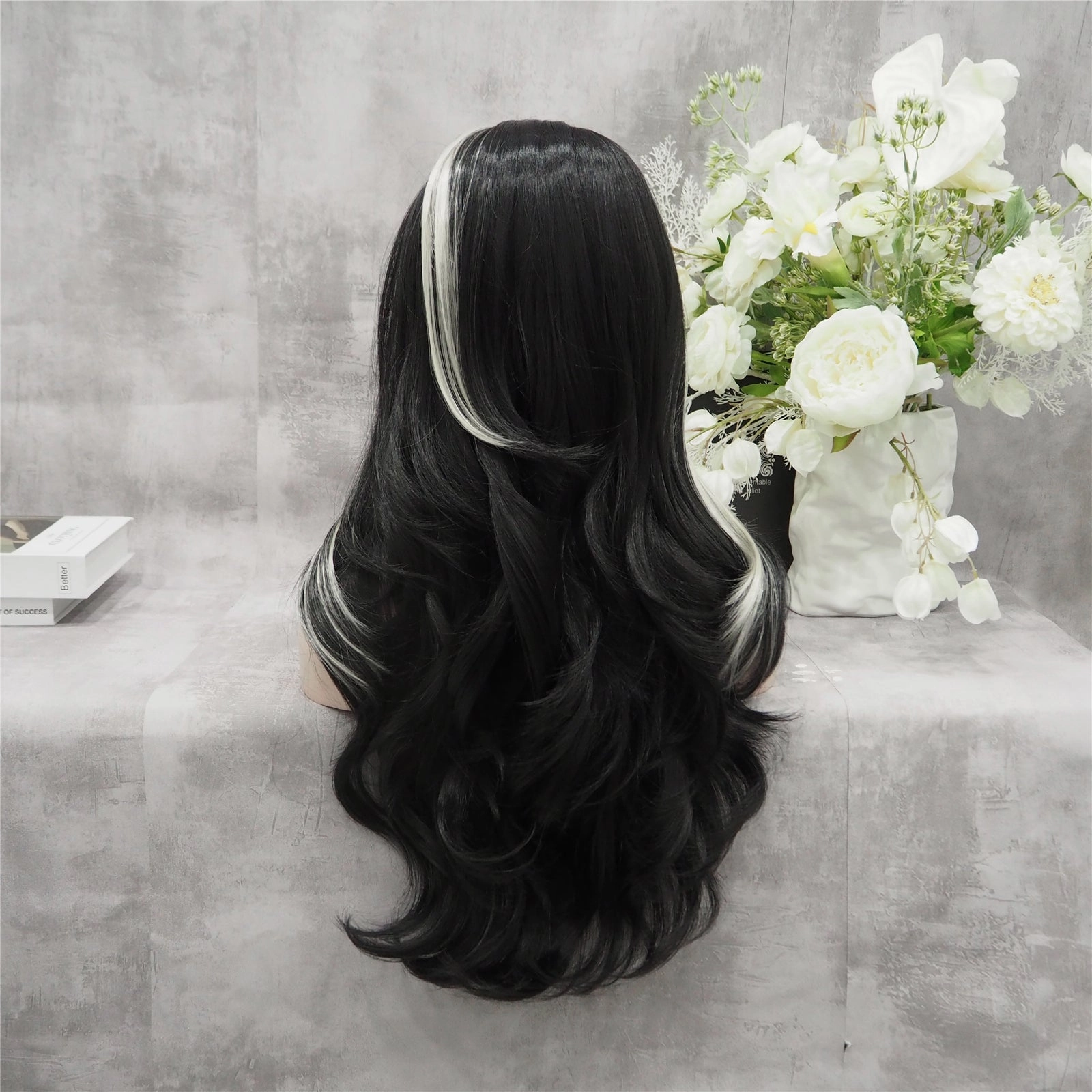 Morticia Black With White Highlights Long Wave Synthetic Lace Front Imstyle Wig