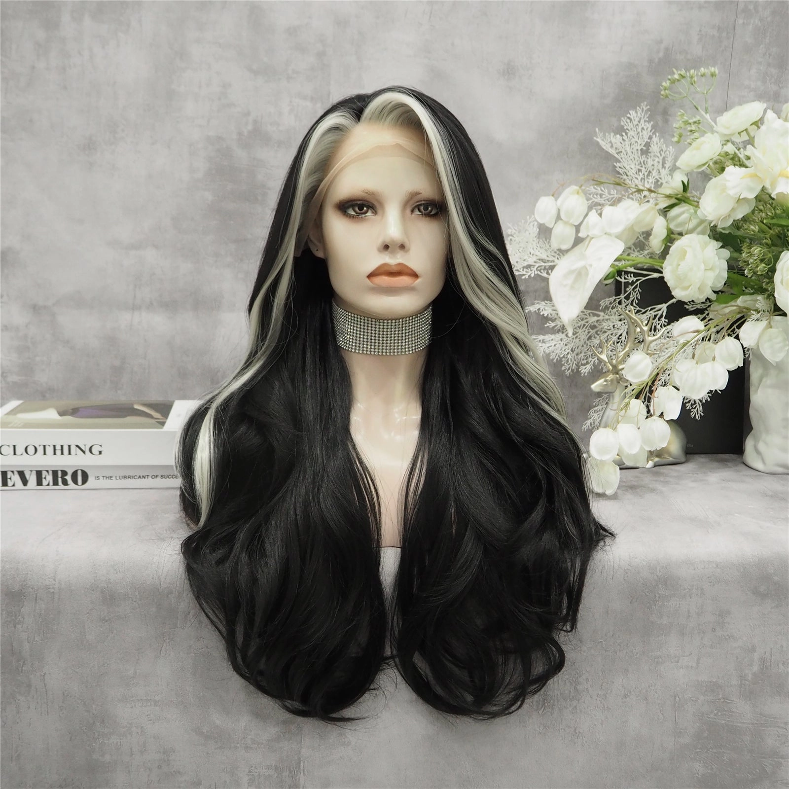 Morticia Black With White Highlights Long Wave Synthetic Lace Front Imstyle Wig