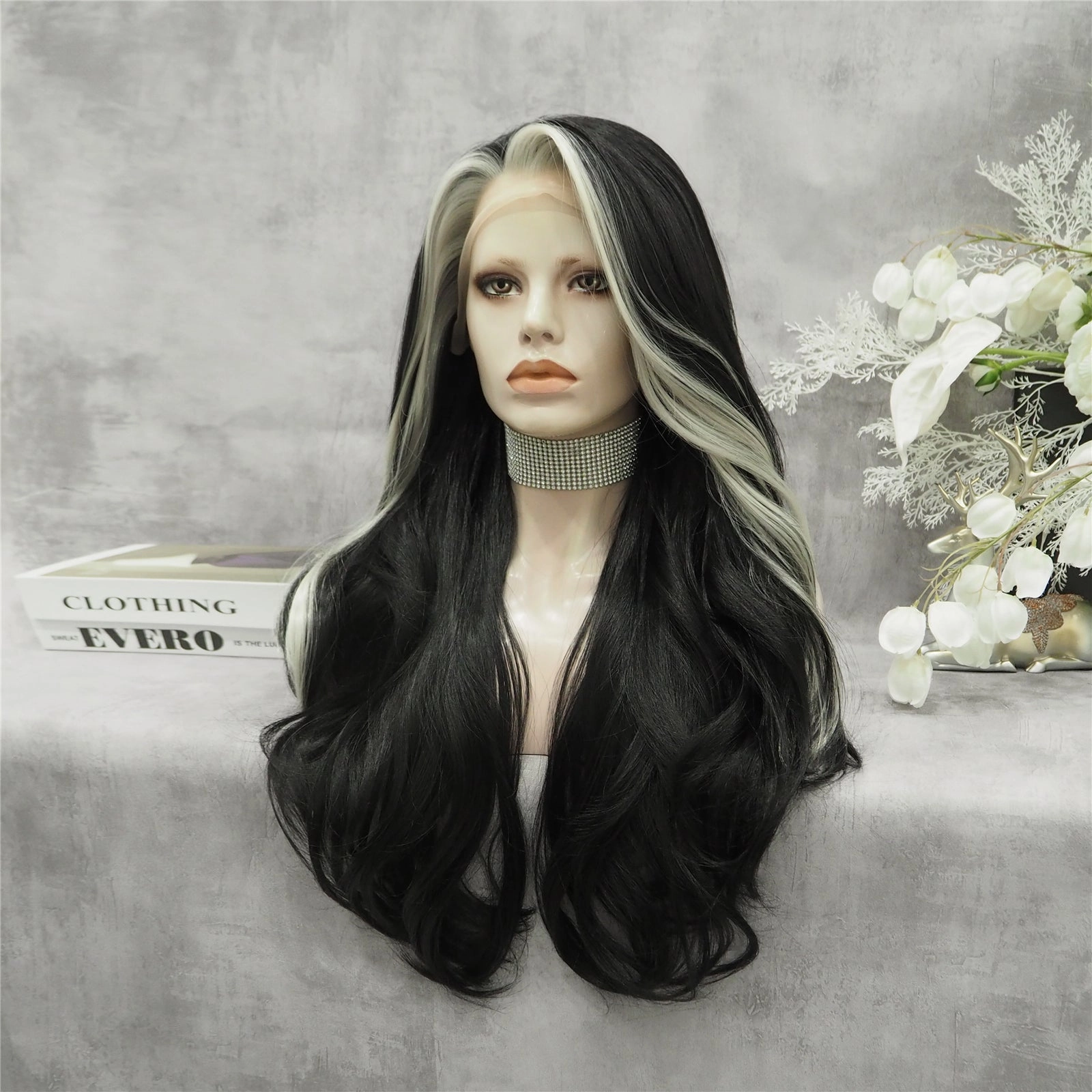 Morticia Black With White Highlights Long Wave Synthetic Lace Front Imstyle Wig