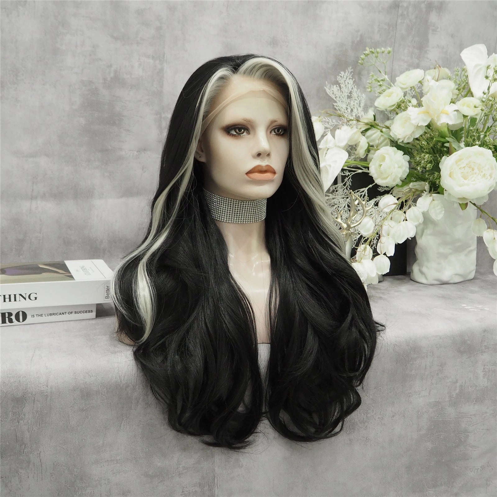 Morticia Black With White Highlights Long Wave Synthetic Lace Front Imstyle Wig