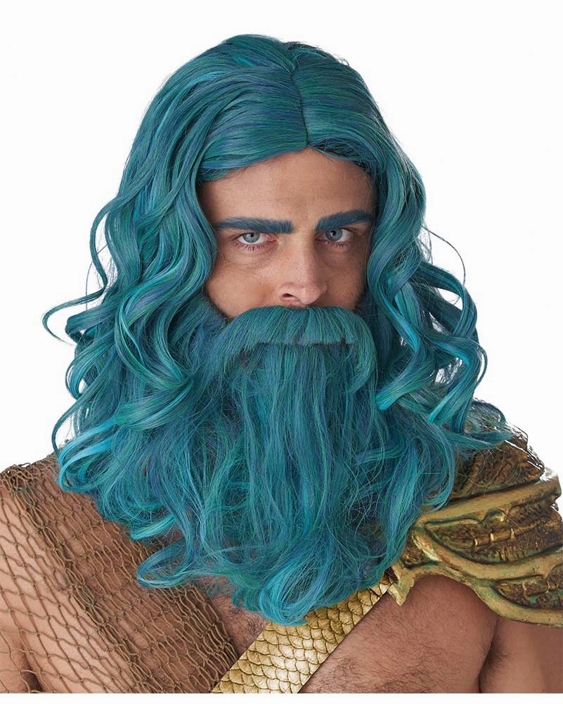 Ocean King Long Blue Wig and Beard Set