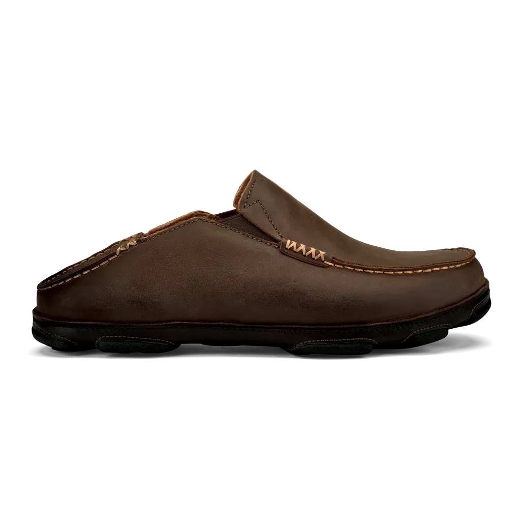 OluKai Men's Moloa Moc Leather Slip On Shoes in Dark Wood Brown