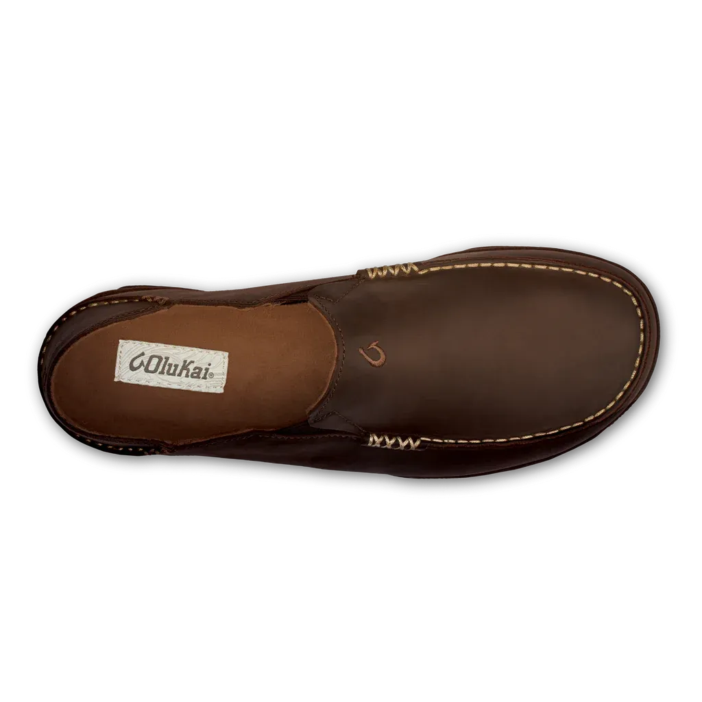OluKai Men's Moloa Moc Leather Slip On Shoes in Dark Wood Brown