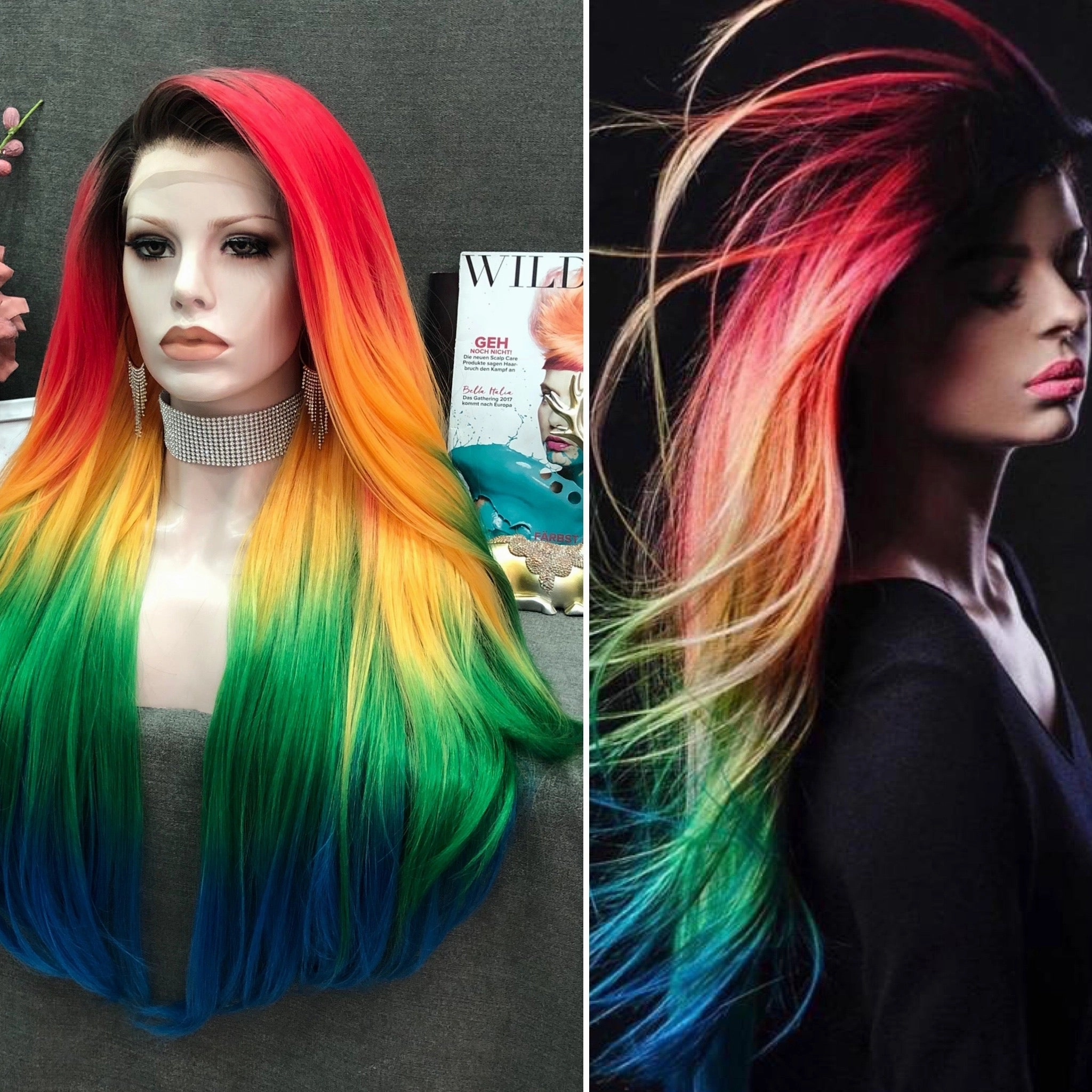 Parrot Colorful Long Body Wave Lace Front Drag Queen Wigs