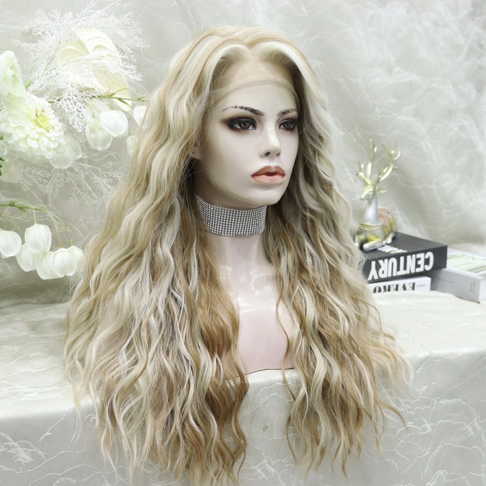 Phoebe Skunk Stripe Cream Blonde With Highlight Water Wave 13*4 Lace Front Wig