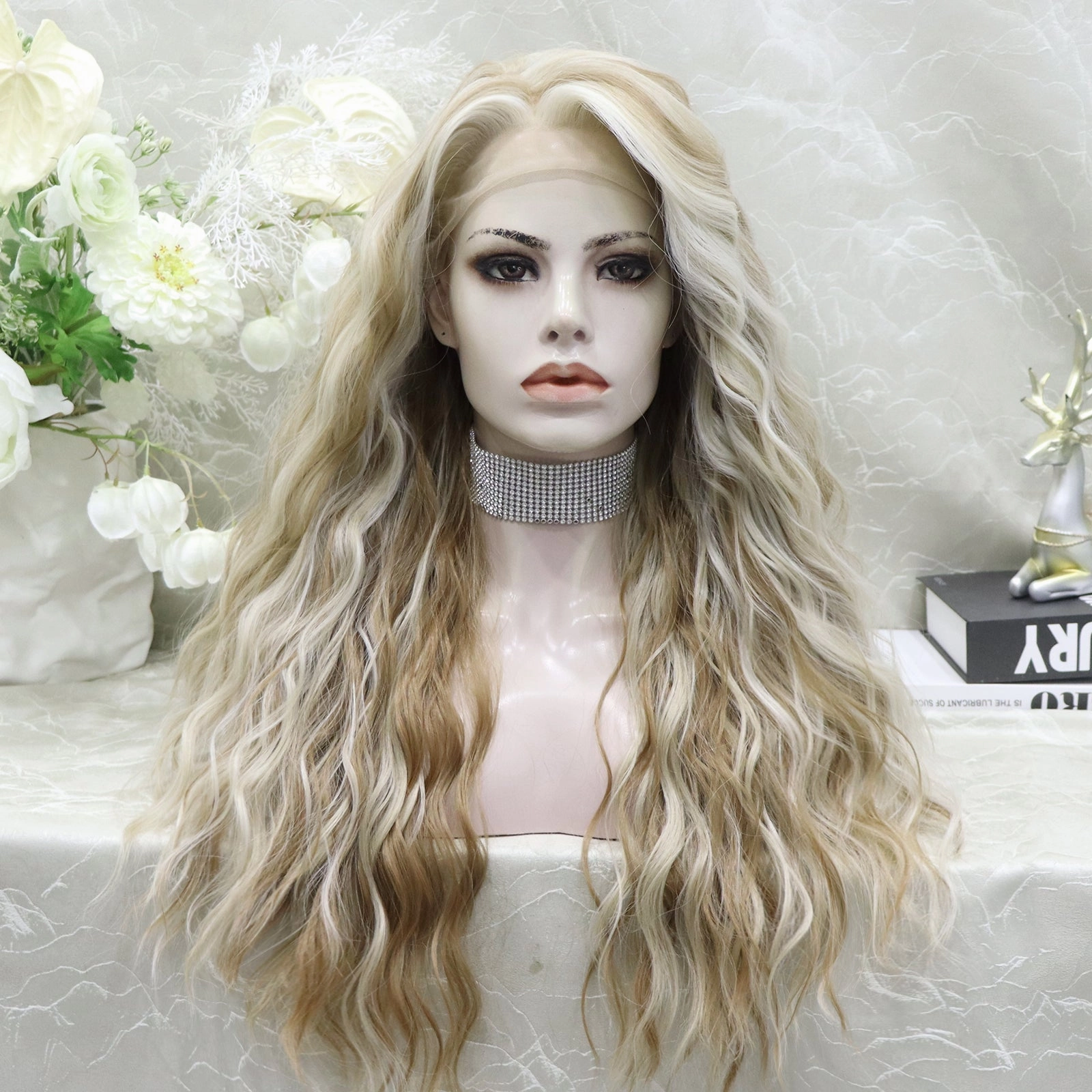 Phoebe Skunk Stripe Cream Blonde With Highlight Water Wave 13*4 Lace Front Wig