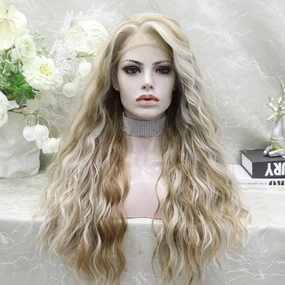 Phoebe Skunk Stripe Cream Blonde With Highlight Water Wave 13*4 Lace Front Wig