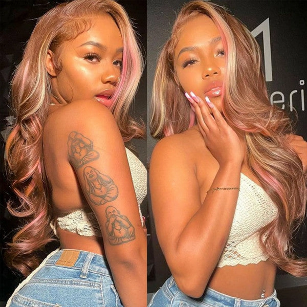 Pink Balayage Brown Highlight Blonde Human Hair Body Wave Lace Front Wig