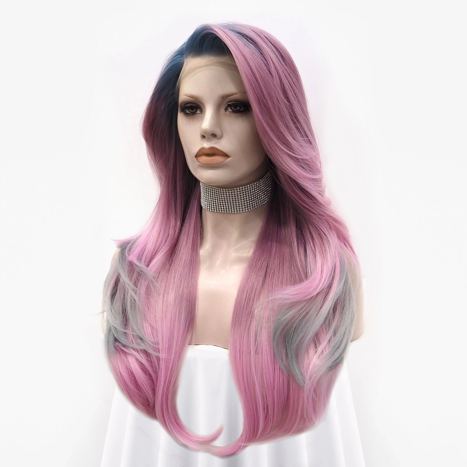 Pink Blue And Gray Ombre  Long Loose Wave Synthetic Lace Front Wig