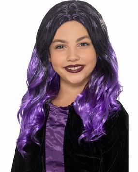 Purple Witch Long Black and Purple Kids Wig