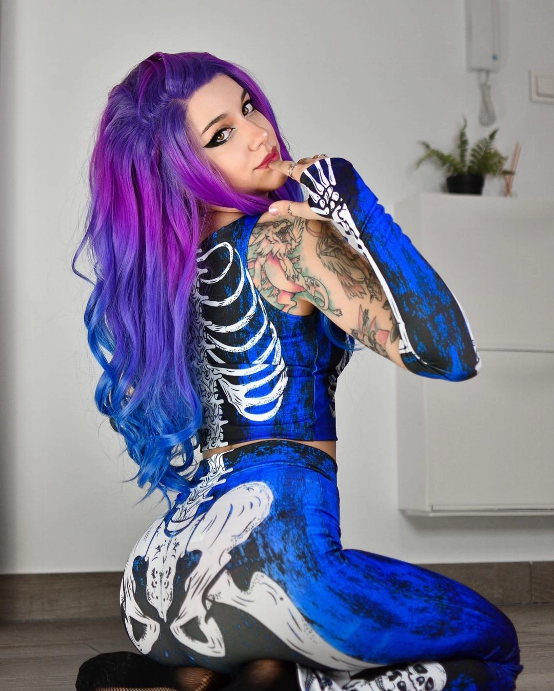 Queen-Purple And Blue Ombre Long Wave Lace Front Synthetic Wig