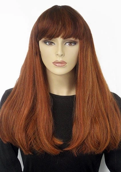 Red/Auburn wig with blonde highlights and straight fringe: Abi