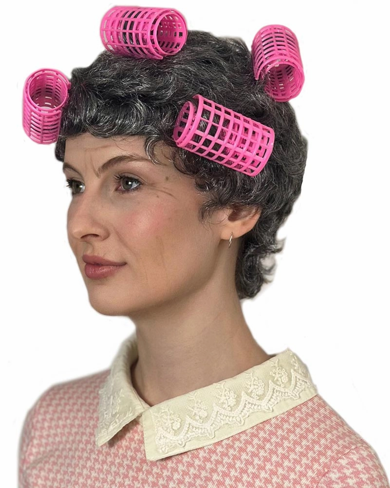 Retro Housewife Short Grey Wig with Curlers