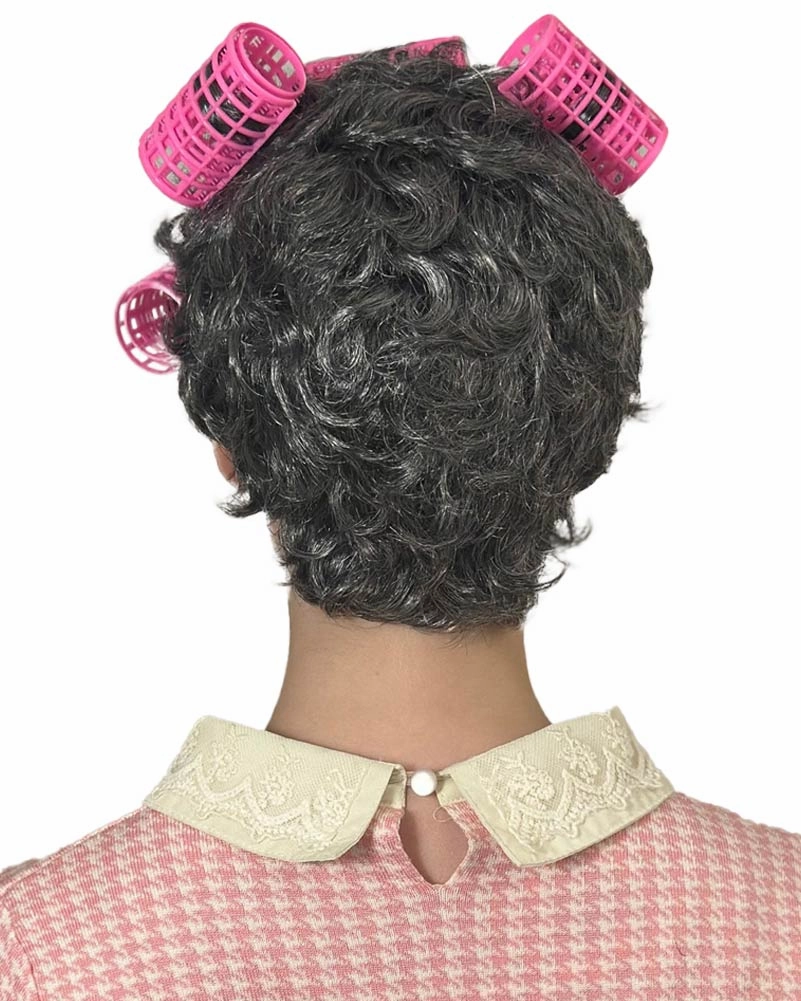 Retro Housewife Short Grey Wig with Curlers