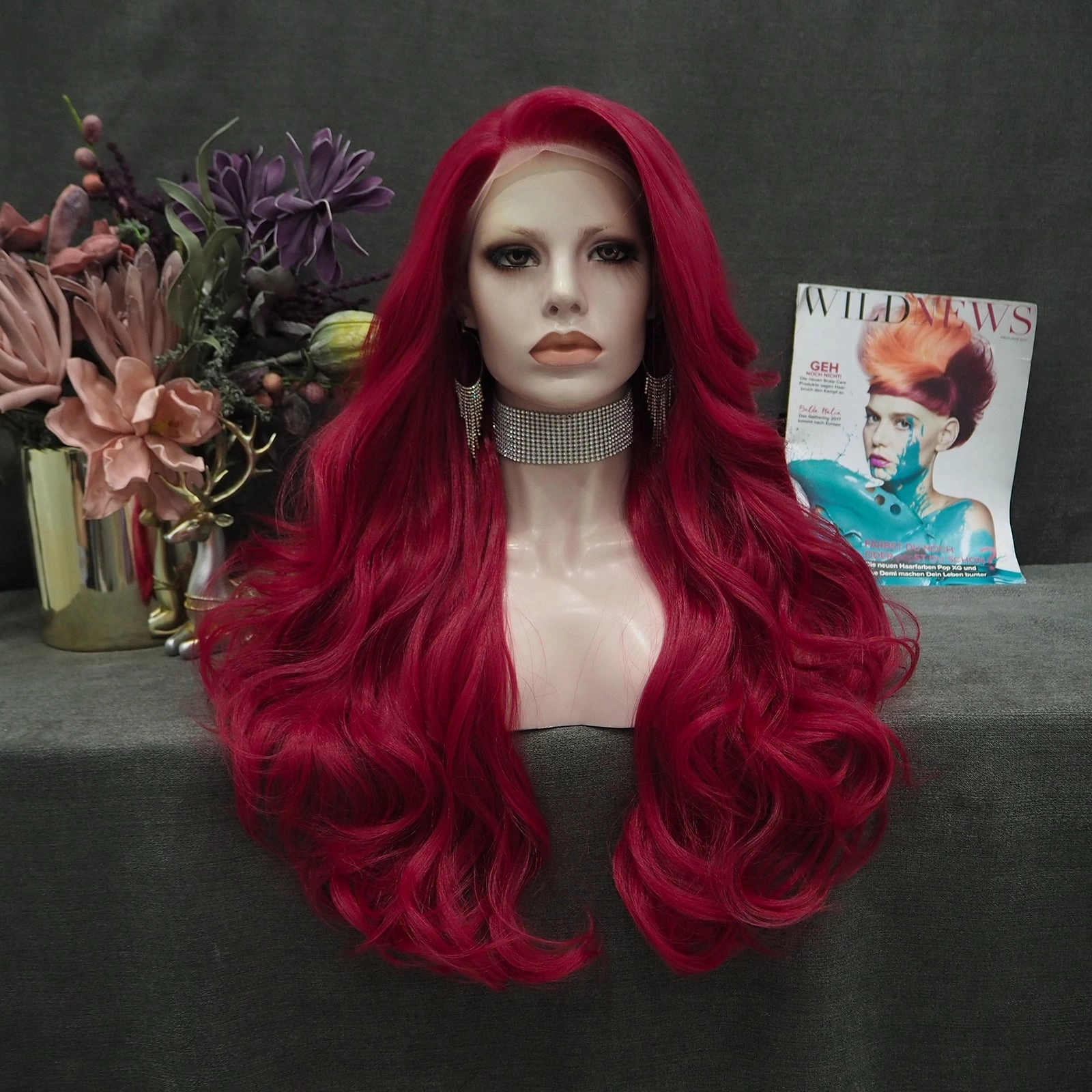 Rose Red Long Wave Synthetic Lace Front Daily Wig