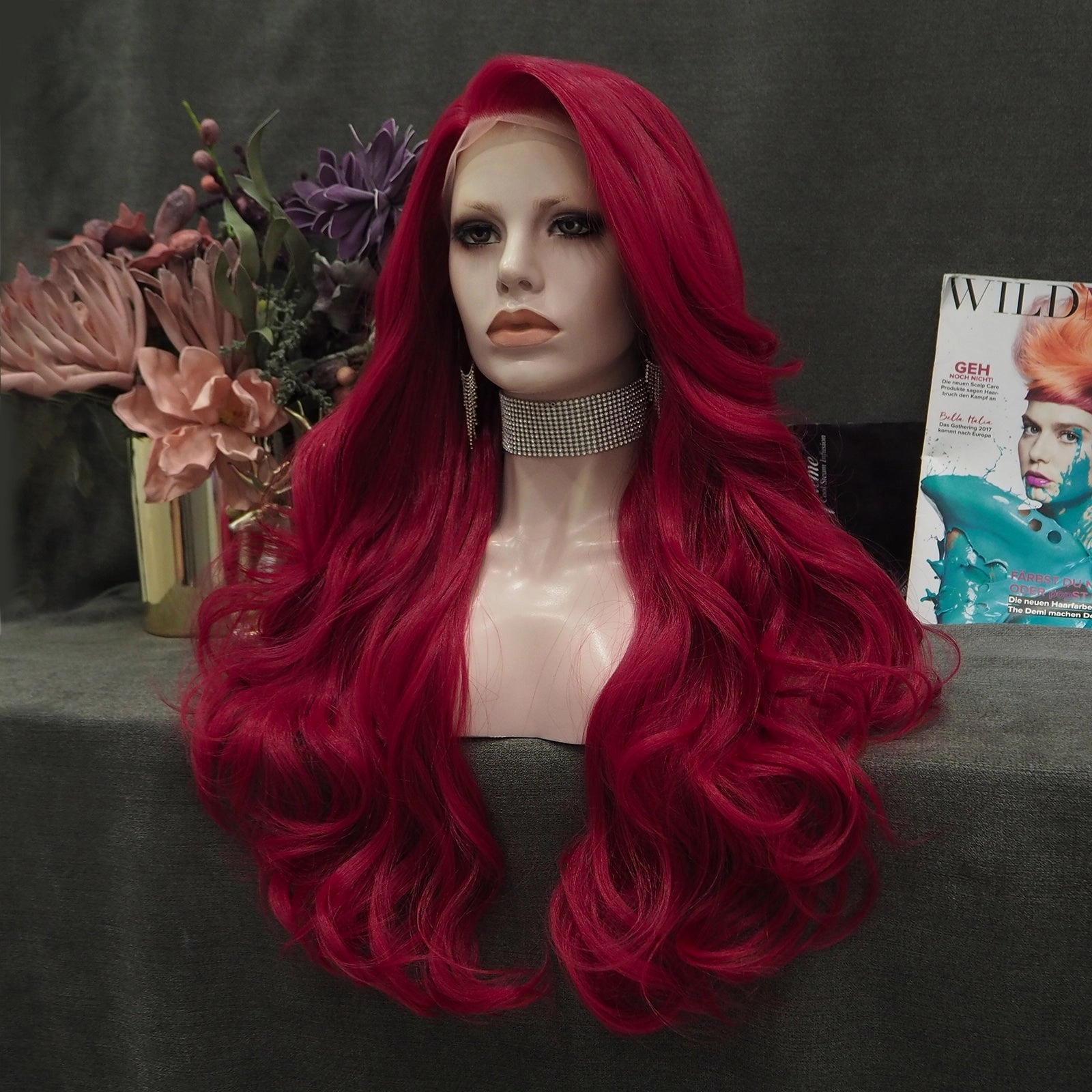 Rose Red Long Wave Synthetic Lace Front Daily Wig