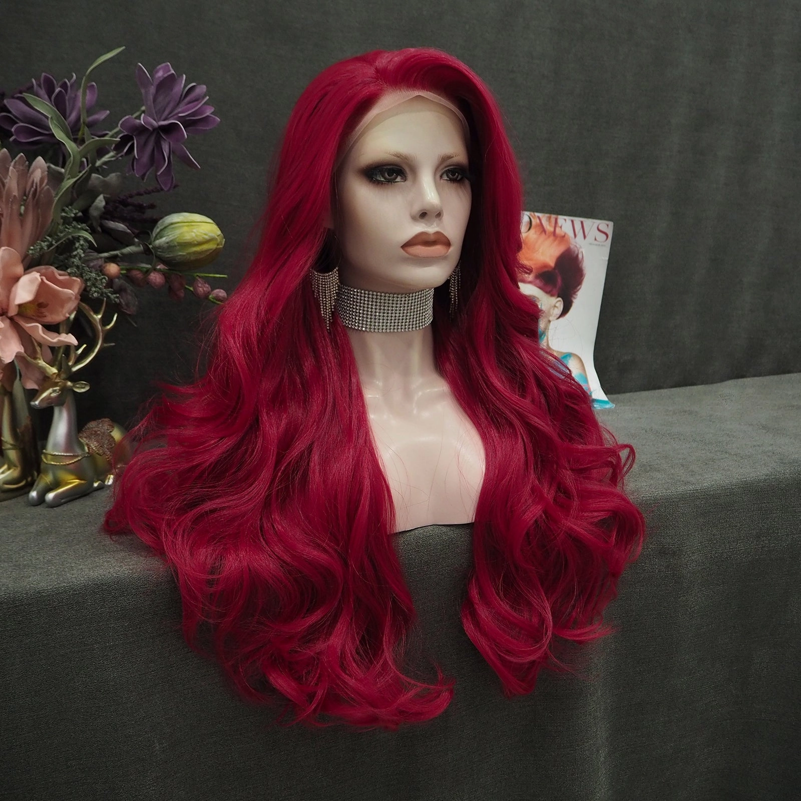 Rose Red Long Wave Synthetic Lace Front Daily Wig