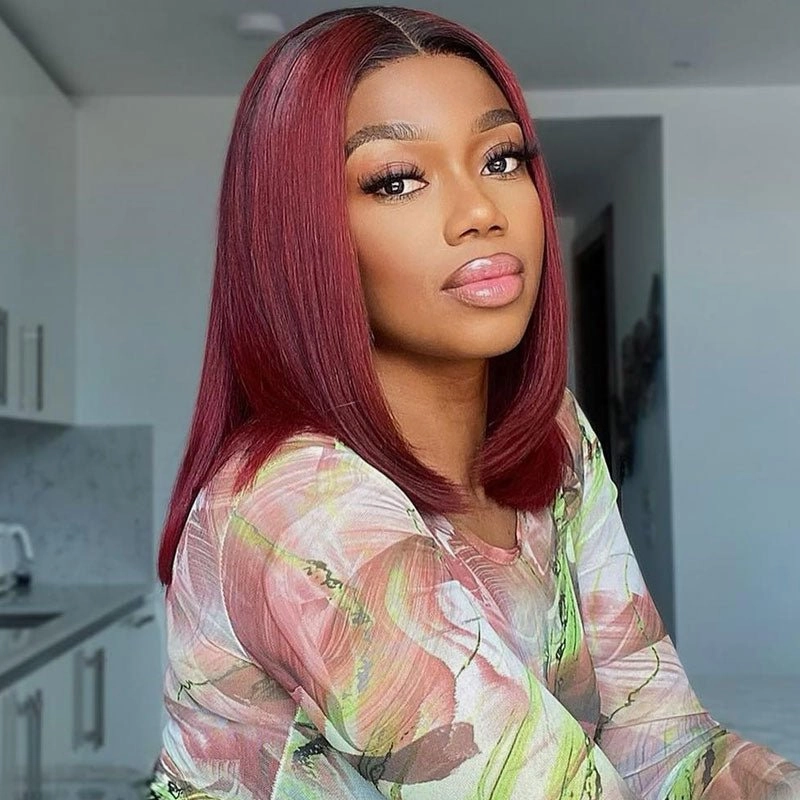 Short Straight Hair 1b/99j Colored Bob Wig Human Hair Lace Front Wigs-GeetaHair