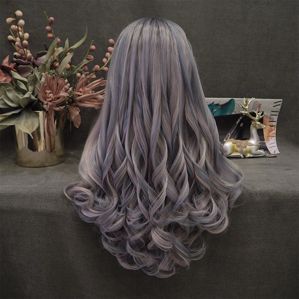 Siren - Low Key Gray Blue Long Wavy Synthetic Wig with Bangs