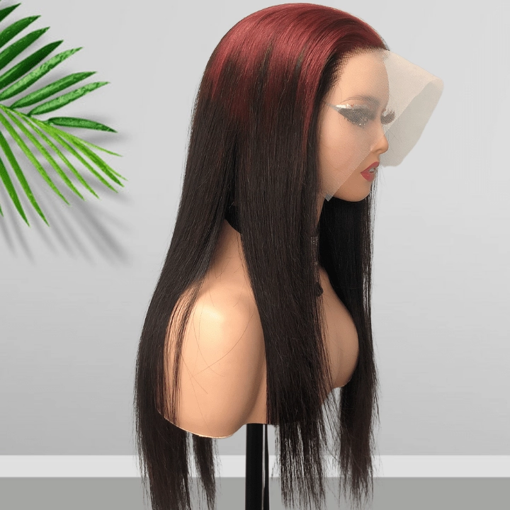 Sparkle burgundy Roots Long Straight 13x4/4x4 Lace Front Wig Ombre 99J Colored Bone Straight Human Hair Wigs-Geeta Hair