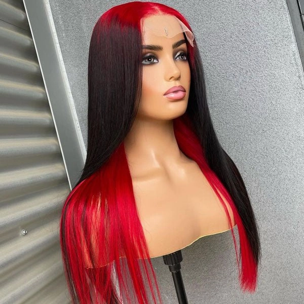 Sparkle Red Roots Long Straight Front Lace Wigs Colored Bone Straight Human Hair Wigs