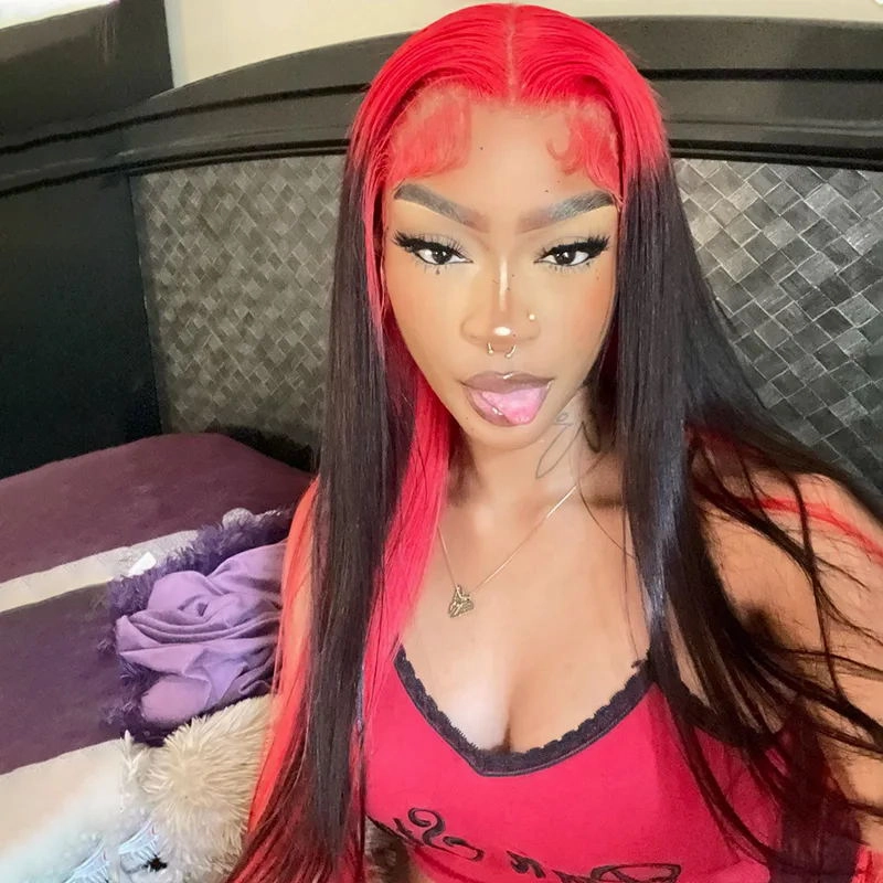 Sparkle Red Roots Long Straight Front Lace Wigs Colored Bone Straight Human Hair Wigs