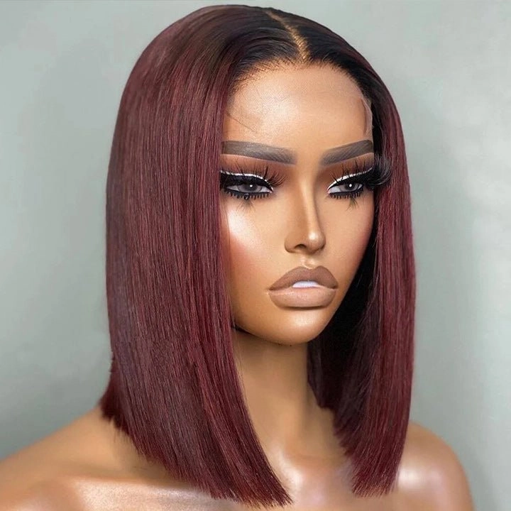 Straight Burgundy Glueless HD Lace Front Bob Wig with Black Roots 99j Colored Short Human Hair Bob Wigs