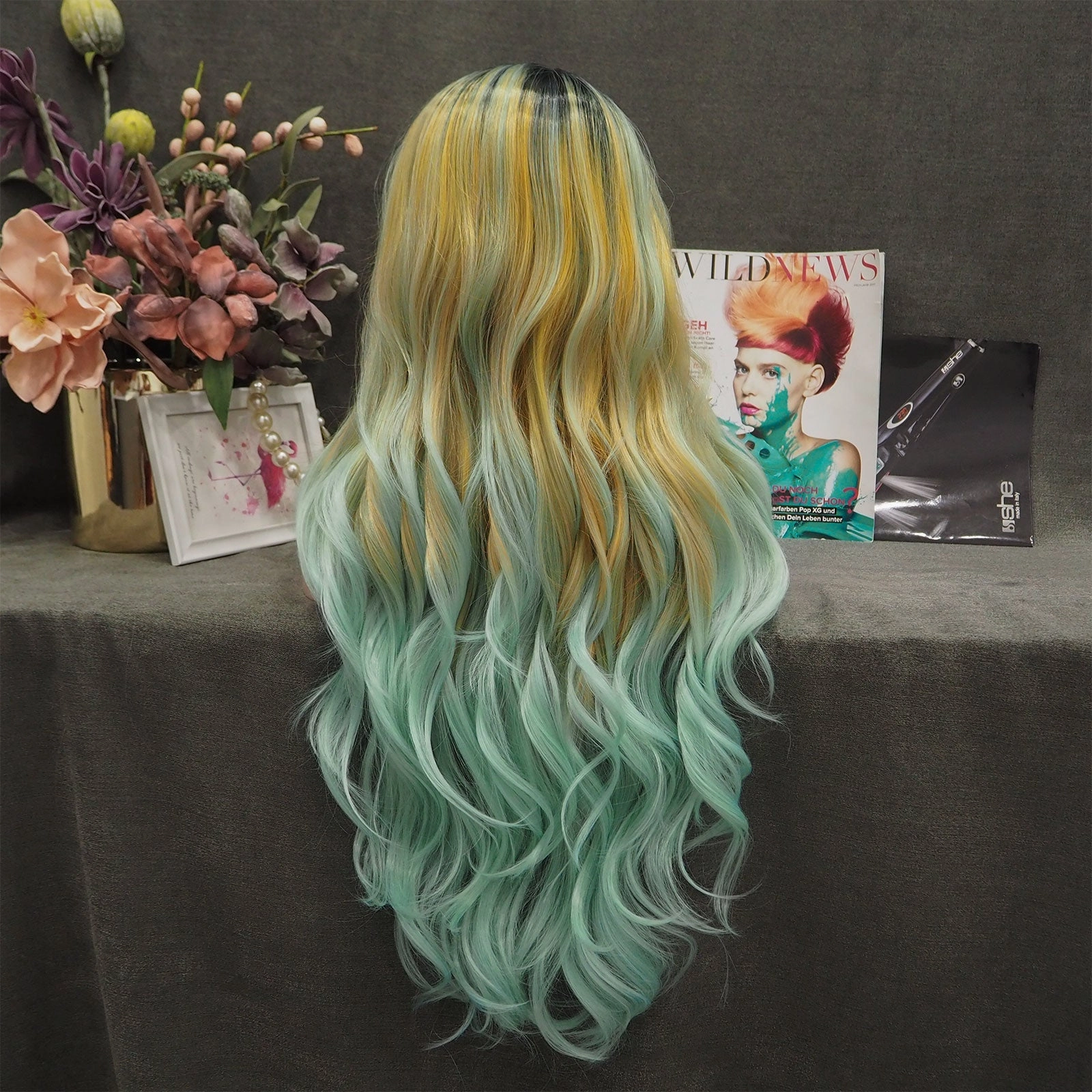 Sunflower - Light Yellow And Green Ombre With Dark Root Synthetic Lace Front Wig