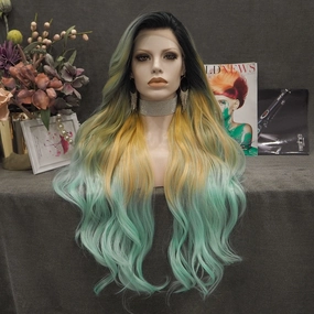 Sunflower - Light Yellow And Green Ombre With Dark Root Synthetic Lace Front Wig