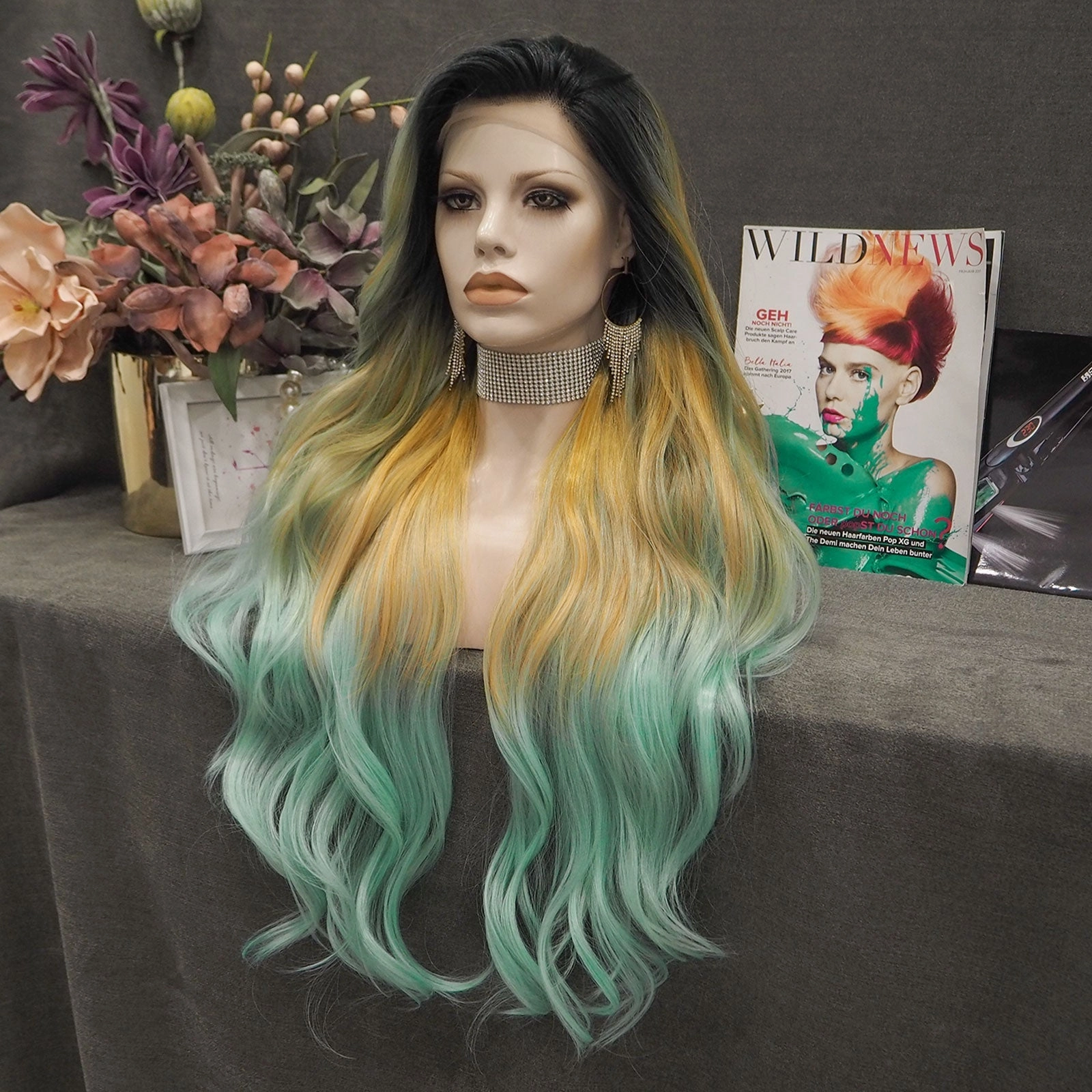 Sunflower - Light Yellow And Green Ombre With Dark Root Synthetic Lace Front Wig
