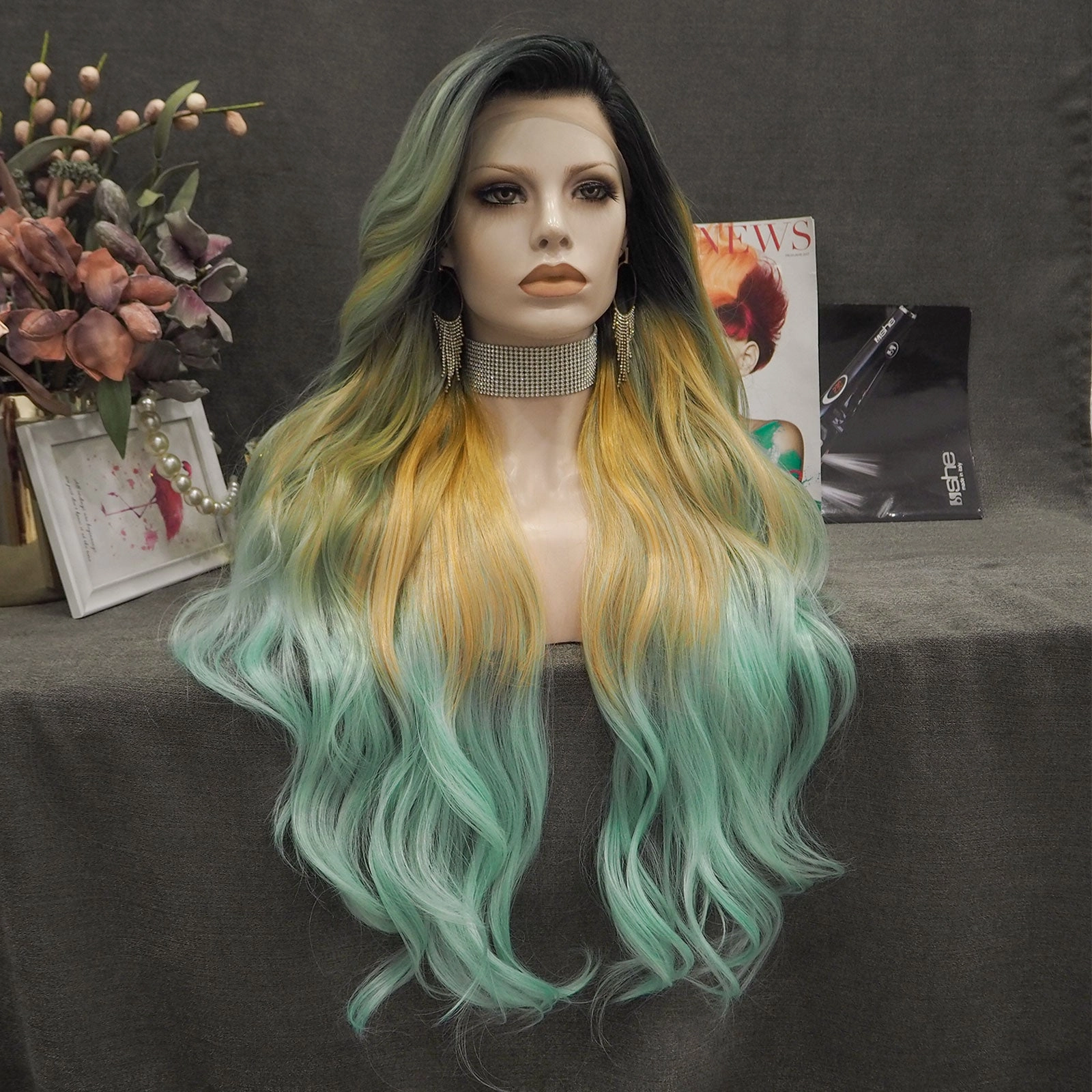 Sunflower - Light Yellow And Green Ombre With Dark Root Synthetic Lace Front Wig