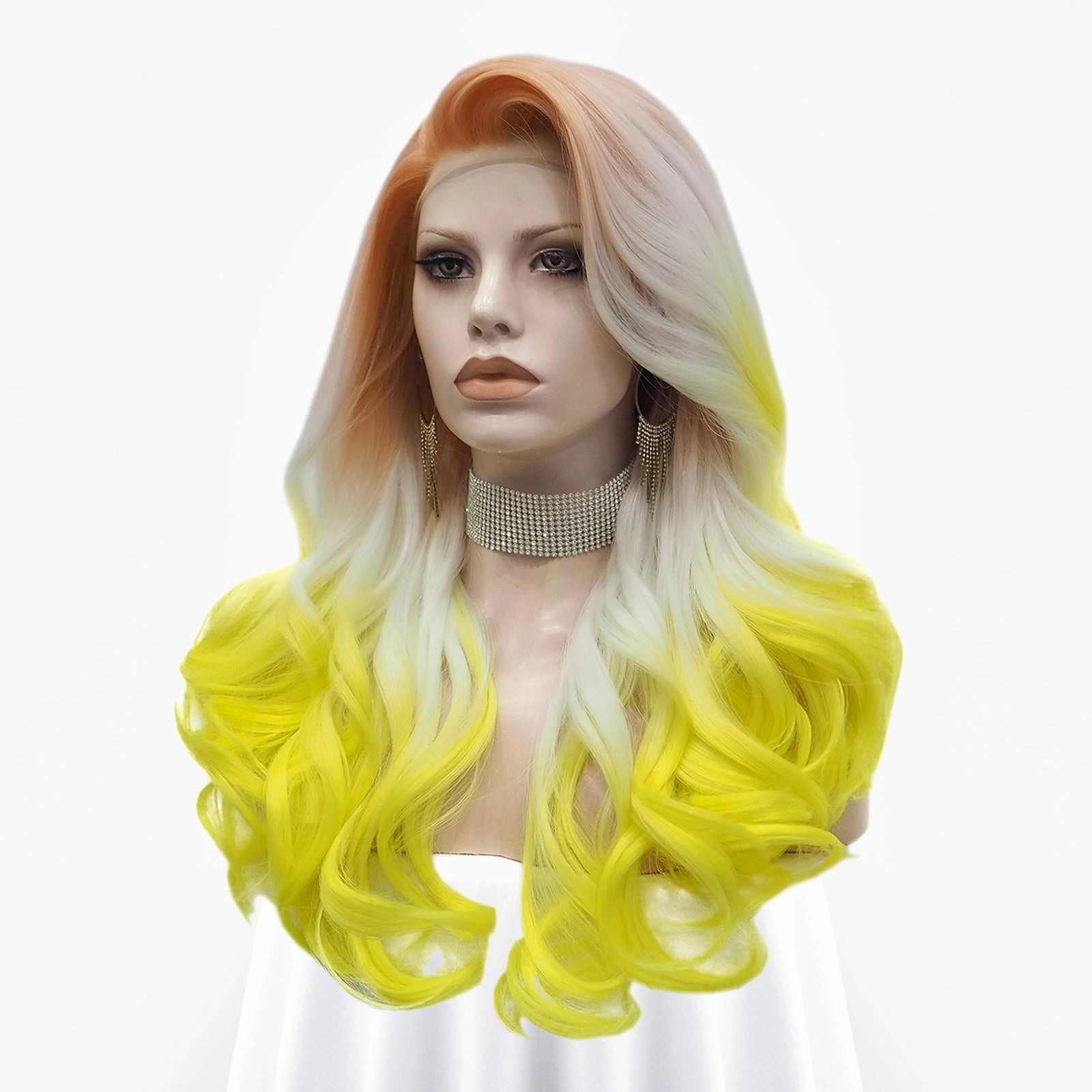 Sunrise - Coral, Platinum, Bright Yellow Ombre Long Wavy Synthetic Lace Front Wig