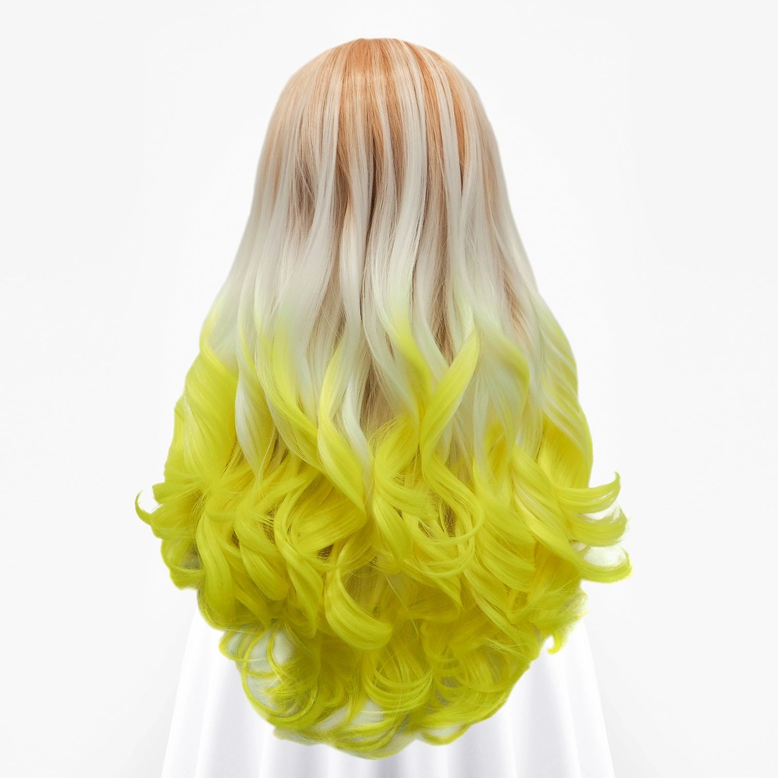 Sunrise - Coral, Platinum, Bright Yellow Ombre Long Wavy Synthetic Lace Front Wig