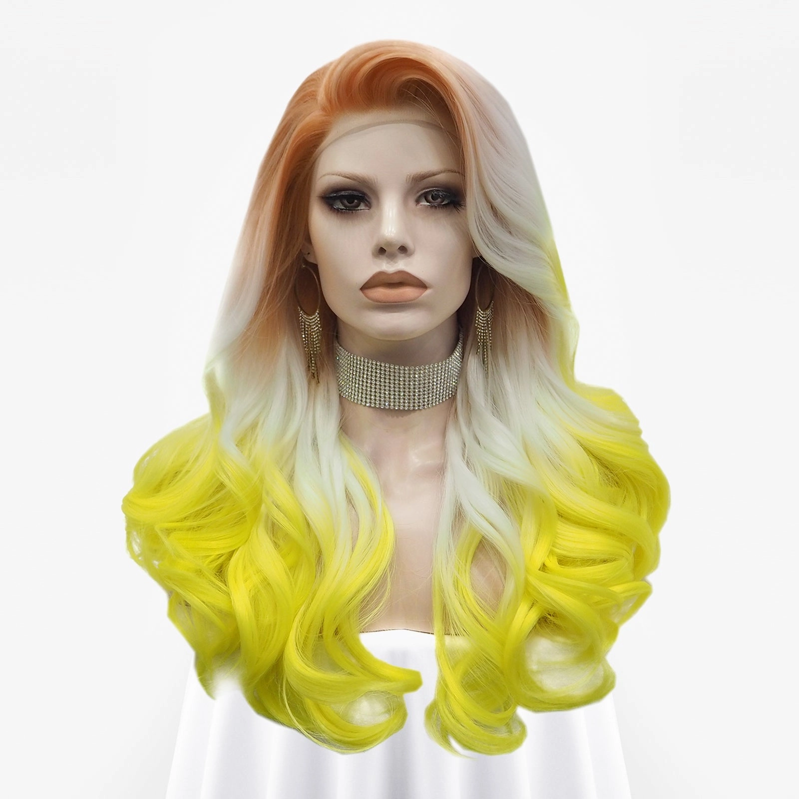 Sunrise - Coral, Platinum, Bright Yellow Ombre Long Wavy Synthetic Lace Front Wig