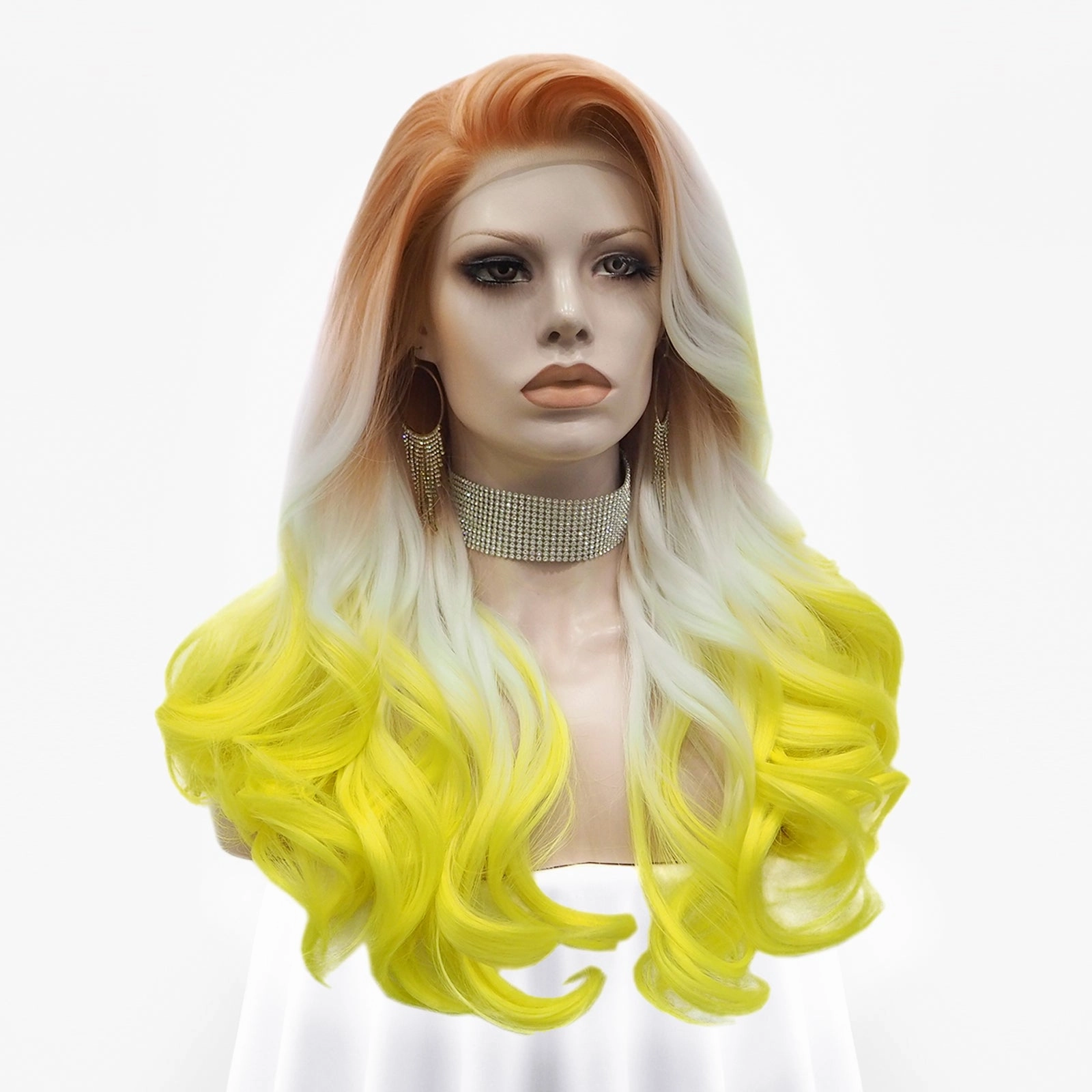 Sunrise - Coral, Platinum, Bright Yellow Ombre Long Wavy Synthetic Lace Front Wig