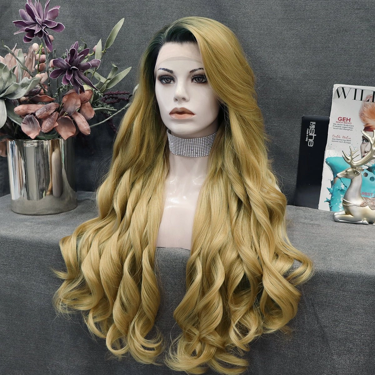 Tina - Blonde With Dark Root Long Wavy Synthetic Lace Front Wig