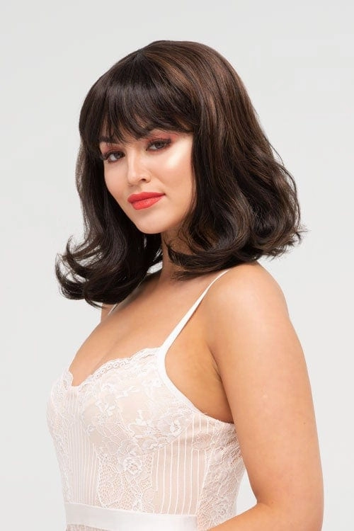 Two tone brown long bob wig with flicked tips: Sheridan
